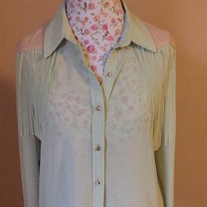 NWT English Rose lime - olive fringe blouse -L